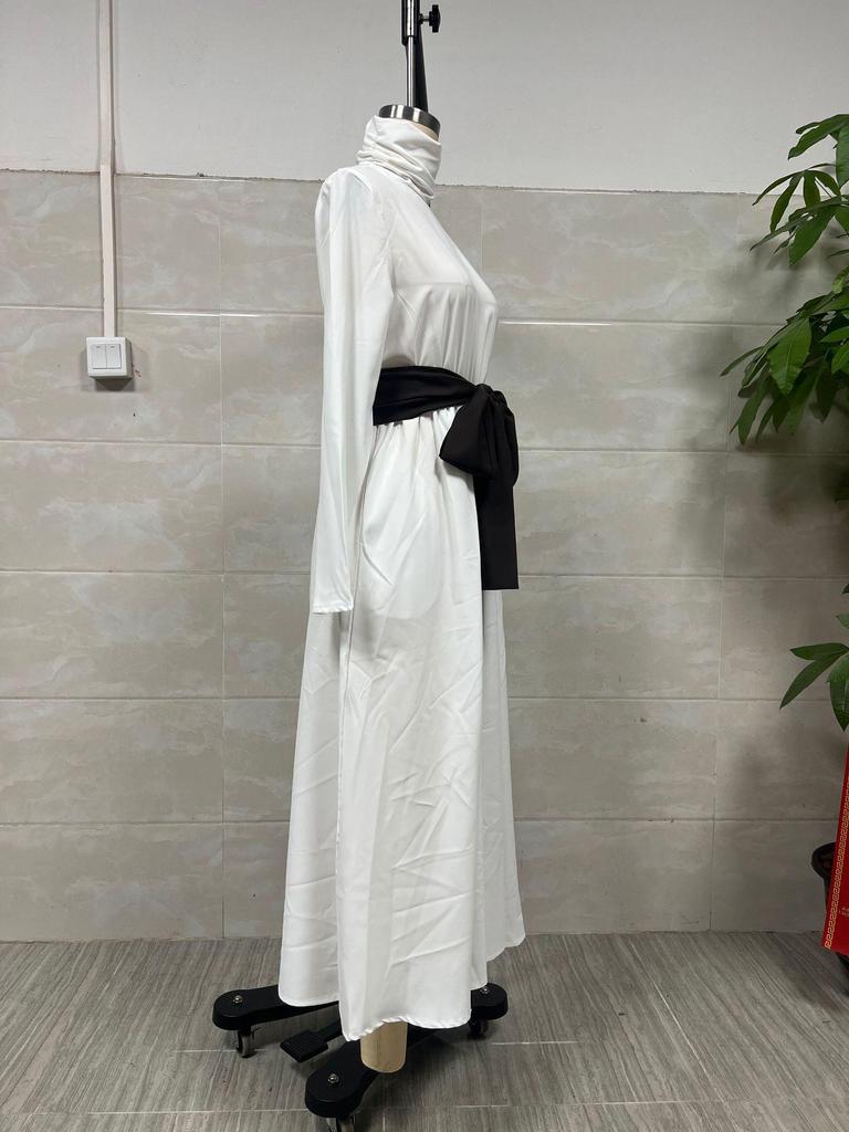 2025 Women's High Neck Long Sleeve Midi Dress with Color Block Belt