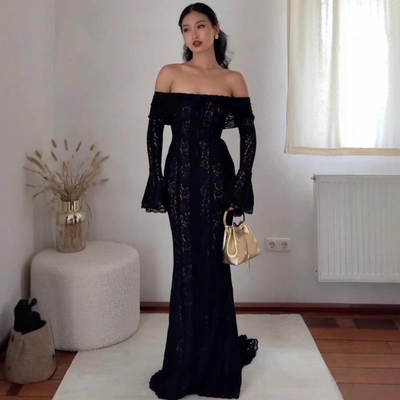 Autumn French Temperament Lace Long Dress One-word Shoulder Horn Sleeve Tube Top Dress Dress