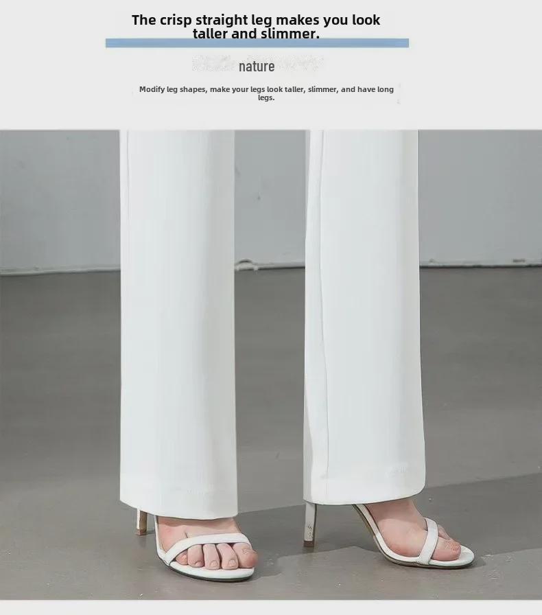 Women's Summer High-Waist White Ice Silk Straight Pants
