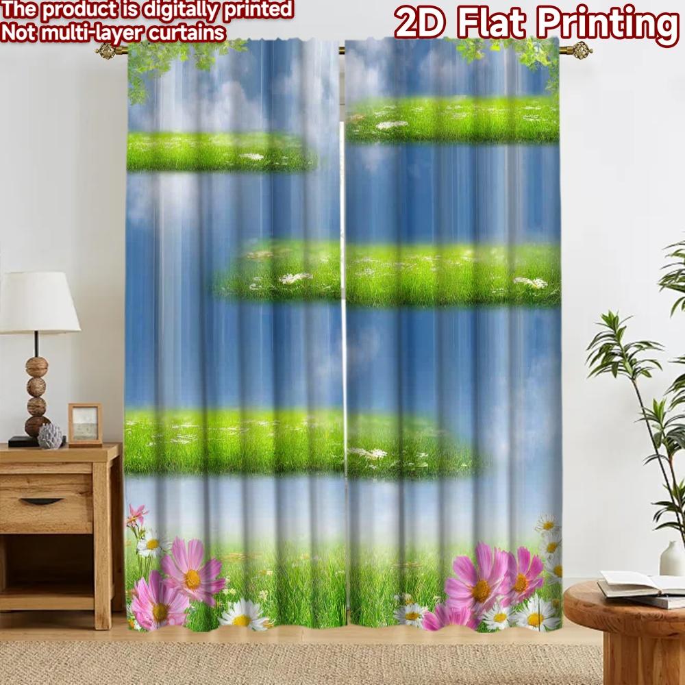 2D flat printing 2pcs Curtain Curtain Spring Floating Grass Layers Digital Printed Polyester Drapes Festive Wall Decor for