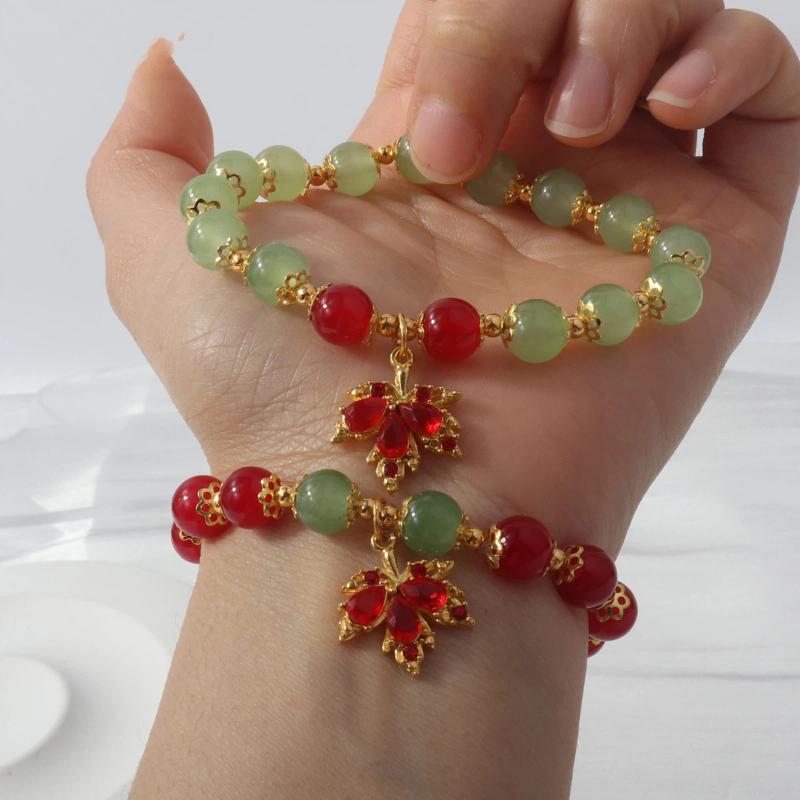 Chic Leaf Themed Red Jade Beads Bracelet for Women Ideal Jewelry Gift 1Pcs
