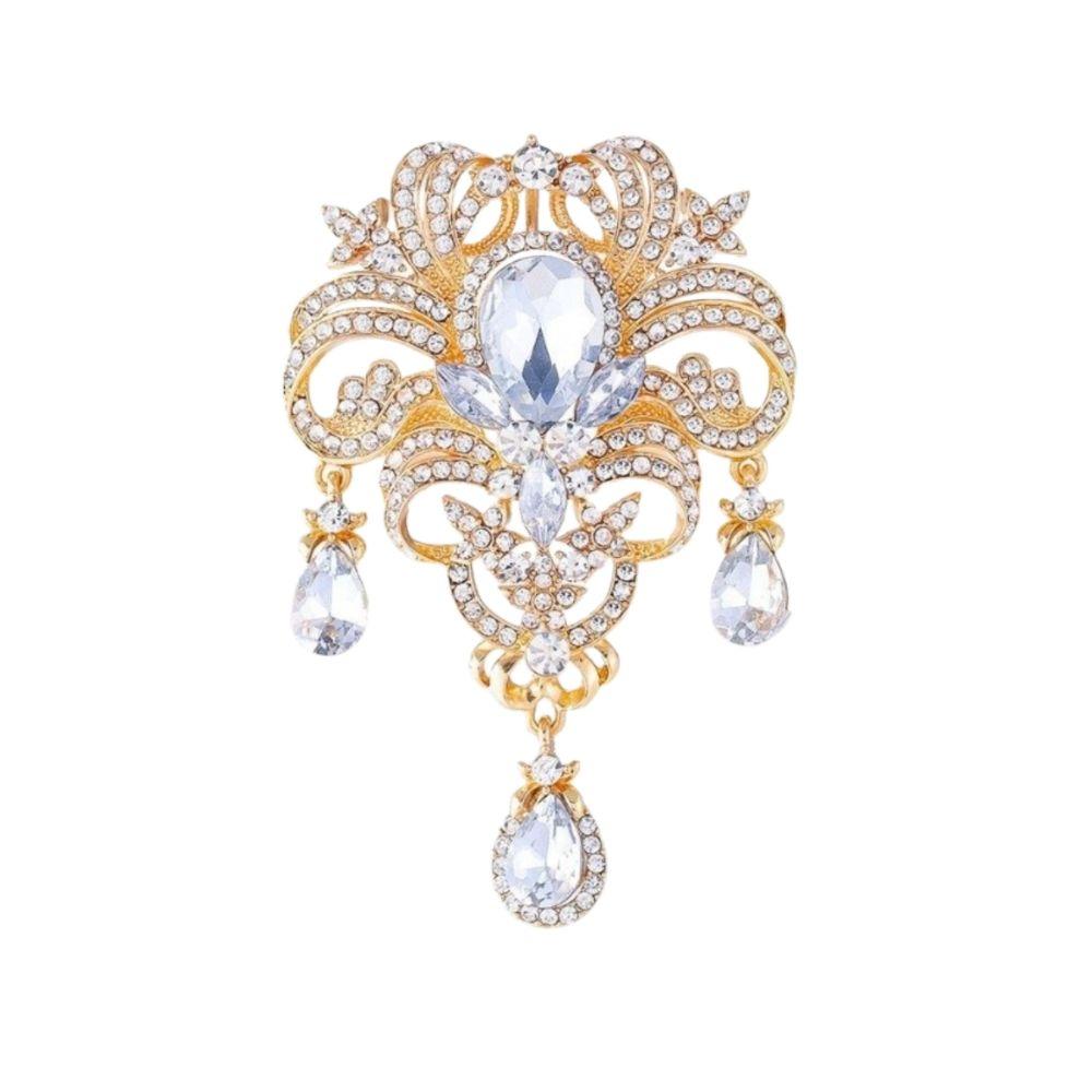 Elegant Shining Crystal Brooch Alloy Retro Style Rhinestone Lapel Pin Gold Silver Decorative Pearl Brooch Women's Fashion