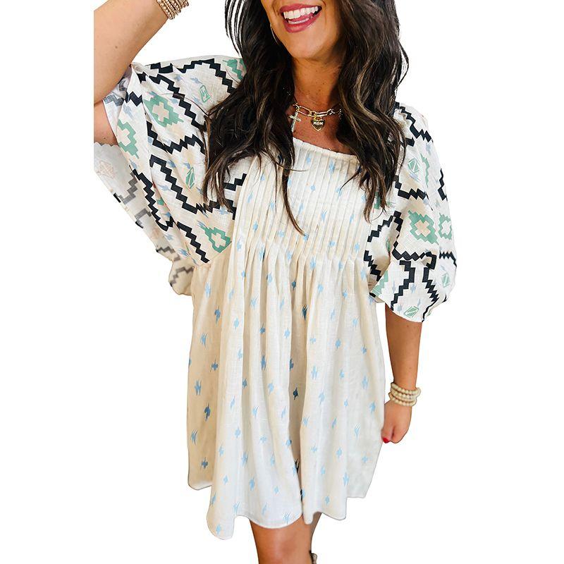 

American Shiying Geometric Pattern Short Sleeve Dress Women 2025 Spring & Fall New Arrival Square Collar Half Sleeve Knee-Length Skirt Light blue P420 Size L fit (62.50 kg-70.00 kg