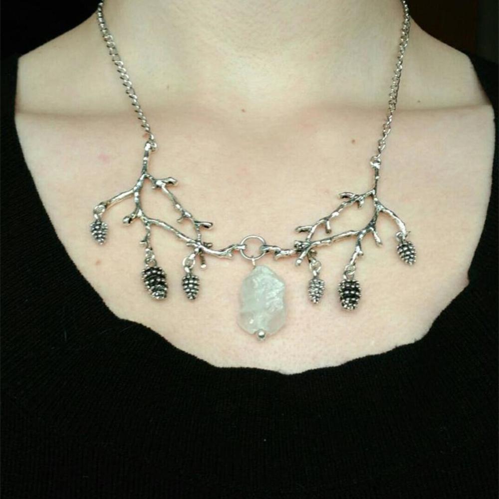 Gothic Retro Silver Color Tree Branch Pinecone Irregular White Crystal Tassel Pendant for Women Halloween Forest Witch Jewelry