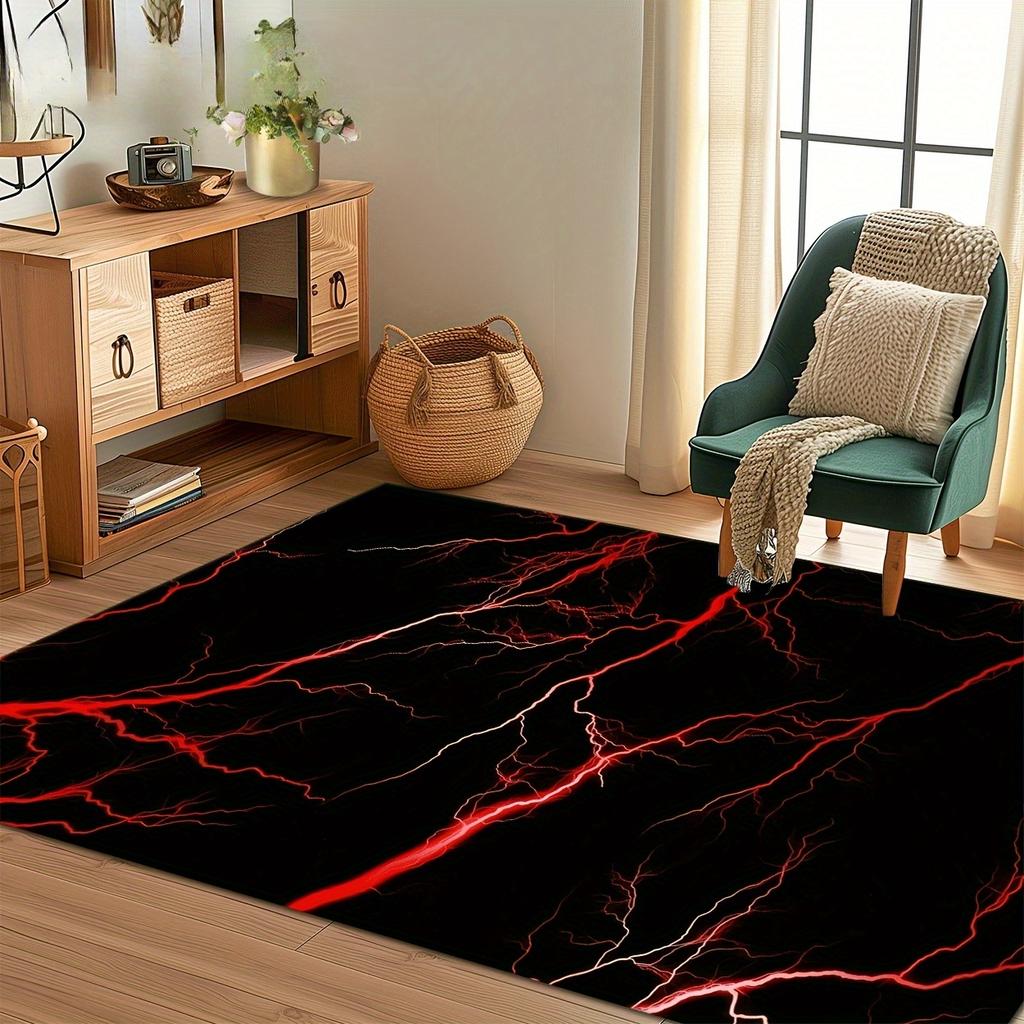 Lightning Polyester Mat, Black Red Design, Machine Washable Non Slip, Soft Fluff Floor Rug, Large Durable Living Room Decor