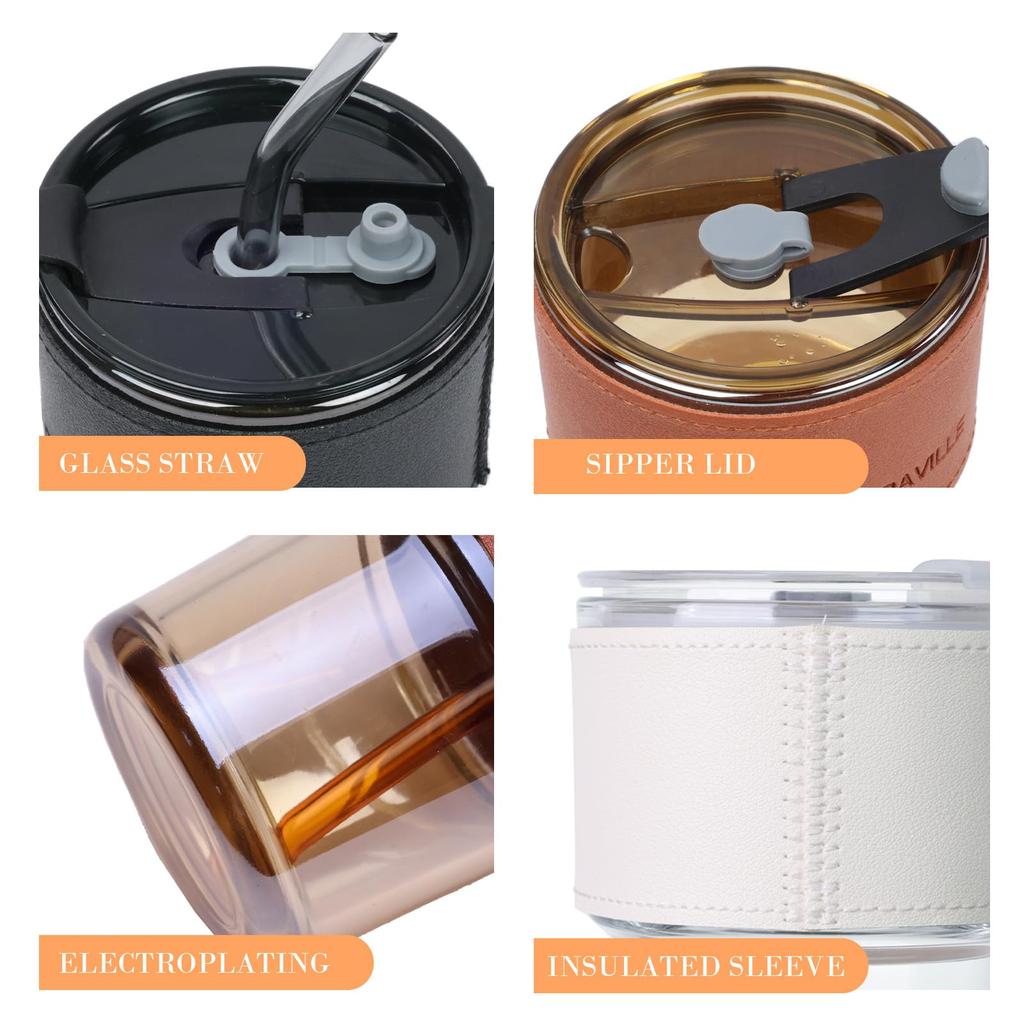 2-Pack 13.5oz/400ml Iced Coffee Cups with Lids and Straws, Glass Tumblers Thick Wall Coffee Mug with Insulated Sleeves,Amber