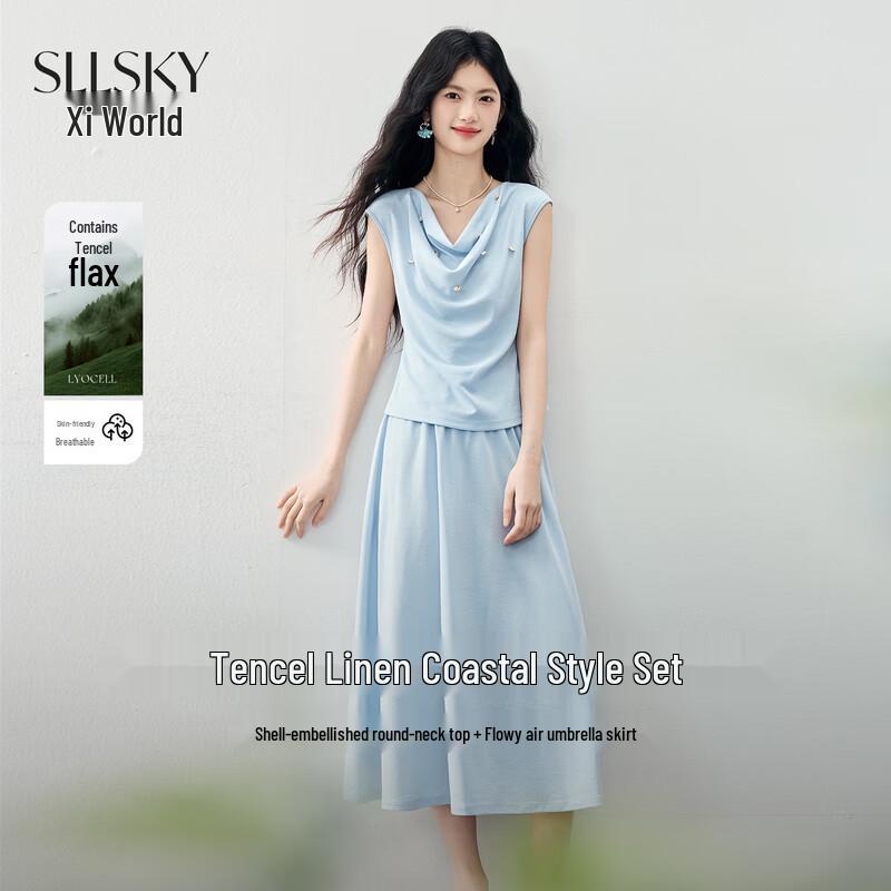 Women s Tencel Linen Drape Collar Skirt Set 2XL