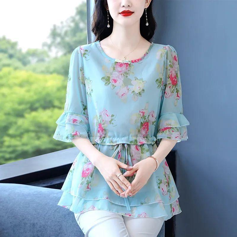 Women's Summer Fashion Floral Print Chiffon Shirts Female Loose Short-sleeved Tops Ladies O-neck Casual Blouses
