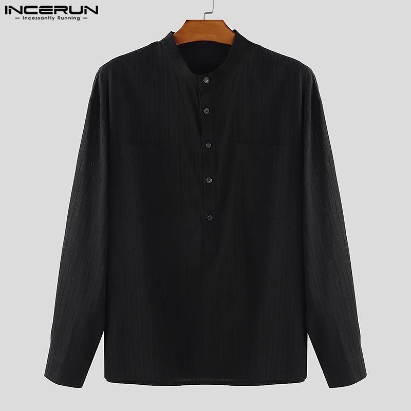 INCERUN Men Collarless Long Sleeve Striped Texture Shirts Casual Tops
