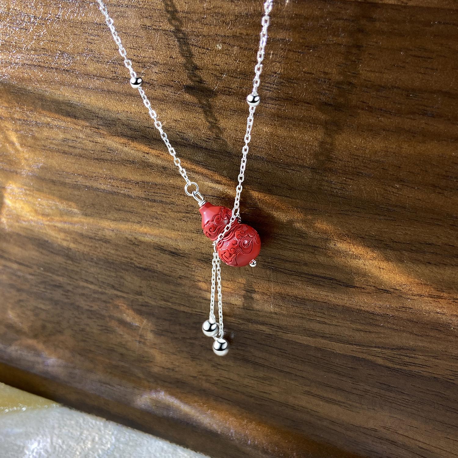 S925 Sterling Silver Cinnabar Gourd Tassel Necklace - Versatile Clavicle Chain Gift for Her 925 Silver