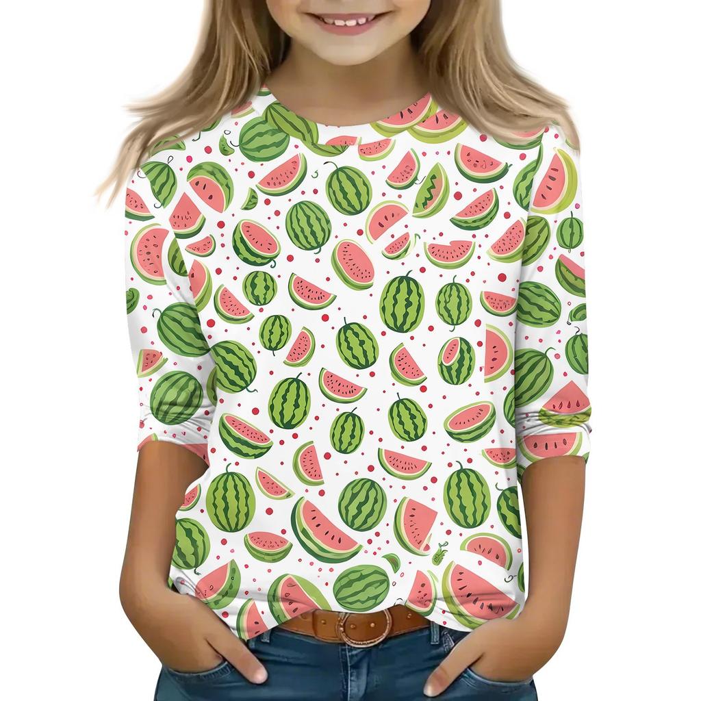 Tops à manches 3/4 pour enfants T-shirt imprimé décontracté Col rond Pull Blouse