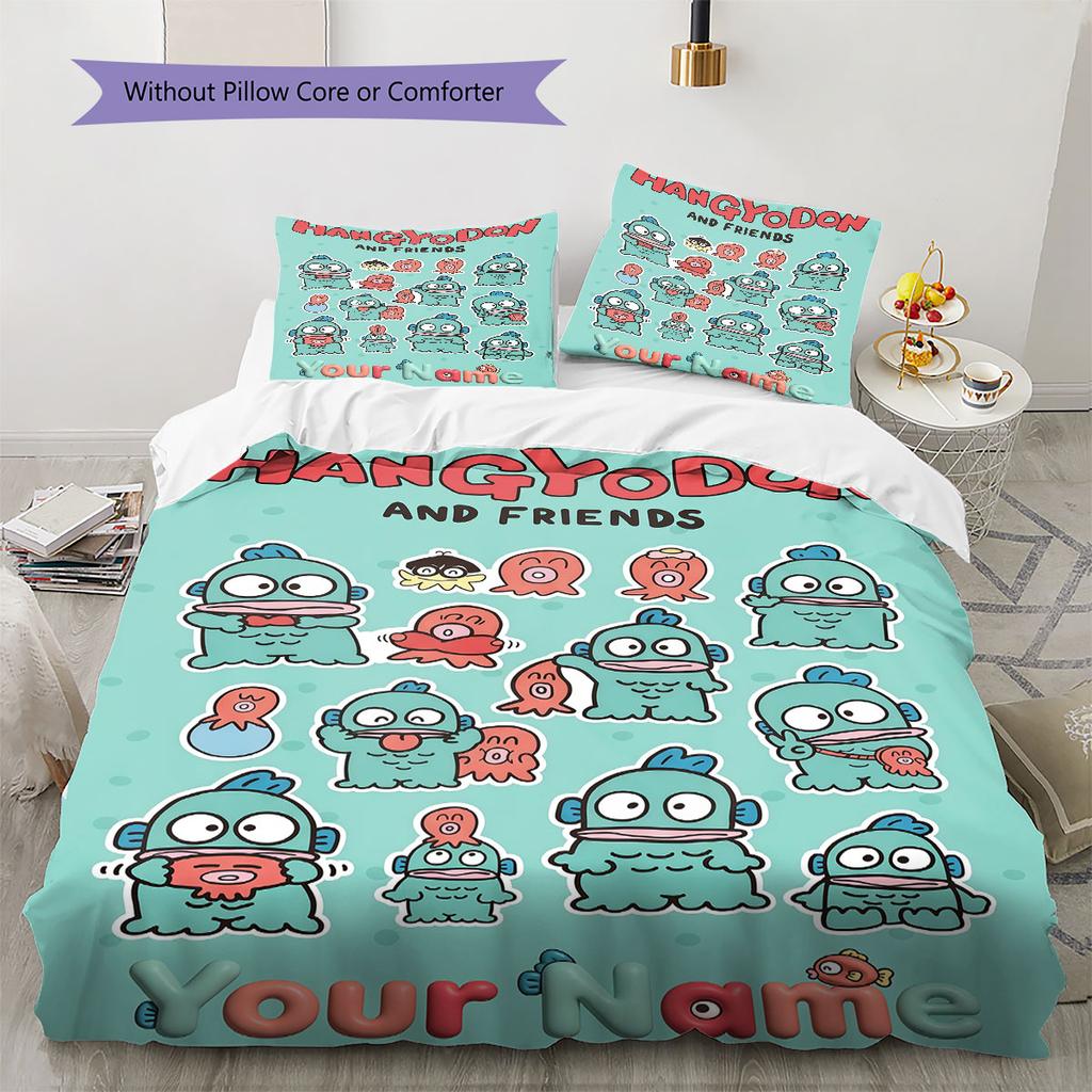 Custom Name,Cartoon Keroppi Hangyodon Series Pattern Bedding Home Decoration Birthday Gift ( 1 duvet cover + 2 pillowcase, without core),fan merchandi