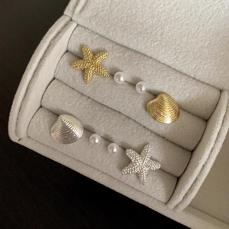 4Pcs Sweet Pearl Starfish Stud Earrings for Women Simple Metal Shell Earrings Set Trend Elegant Exquisite Light Jewelry