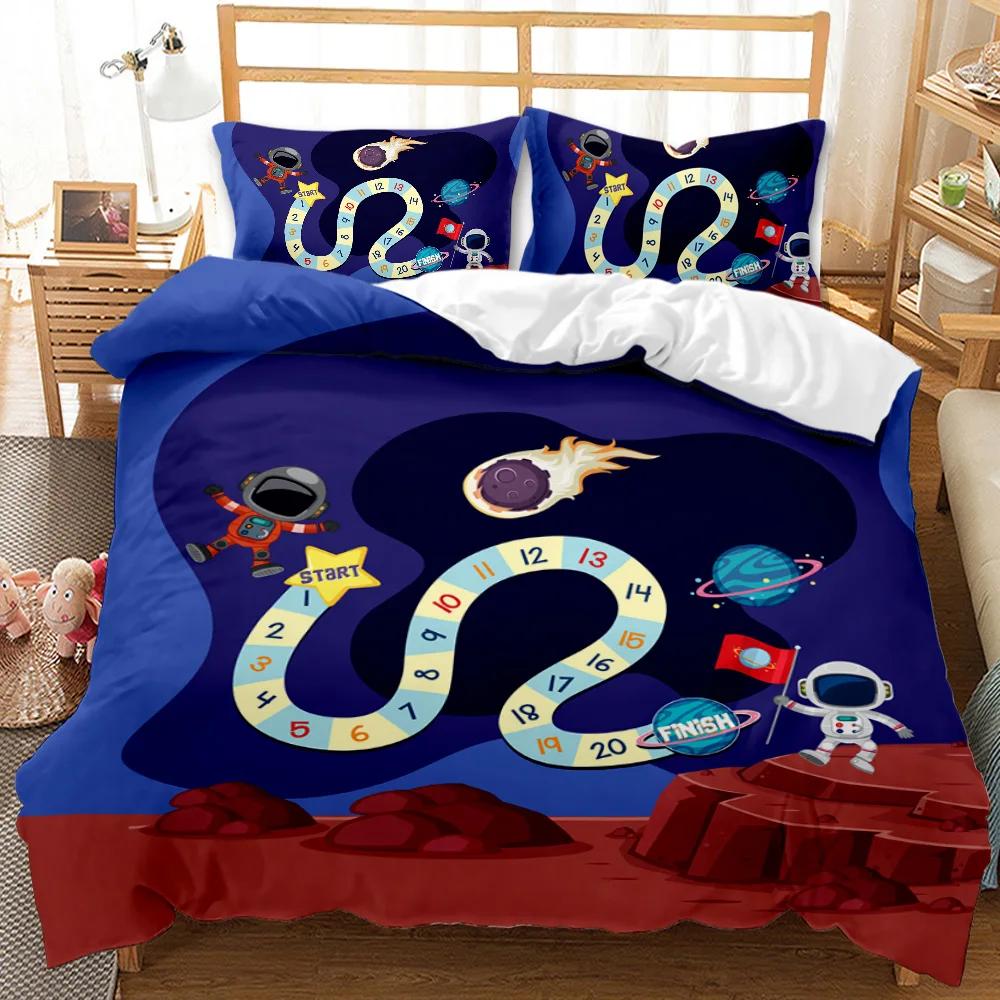 Child Cartoon Astronaut Duvet Cover Bedding Set King Size Boys Kids Galaxy Stars Out Space Soft Polyester Comforter Cover Black