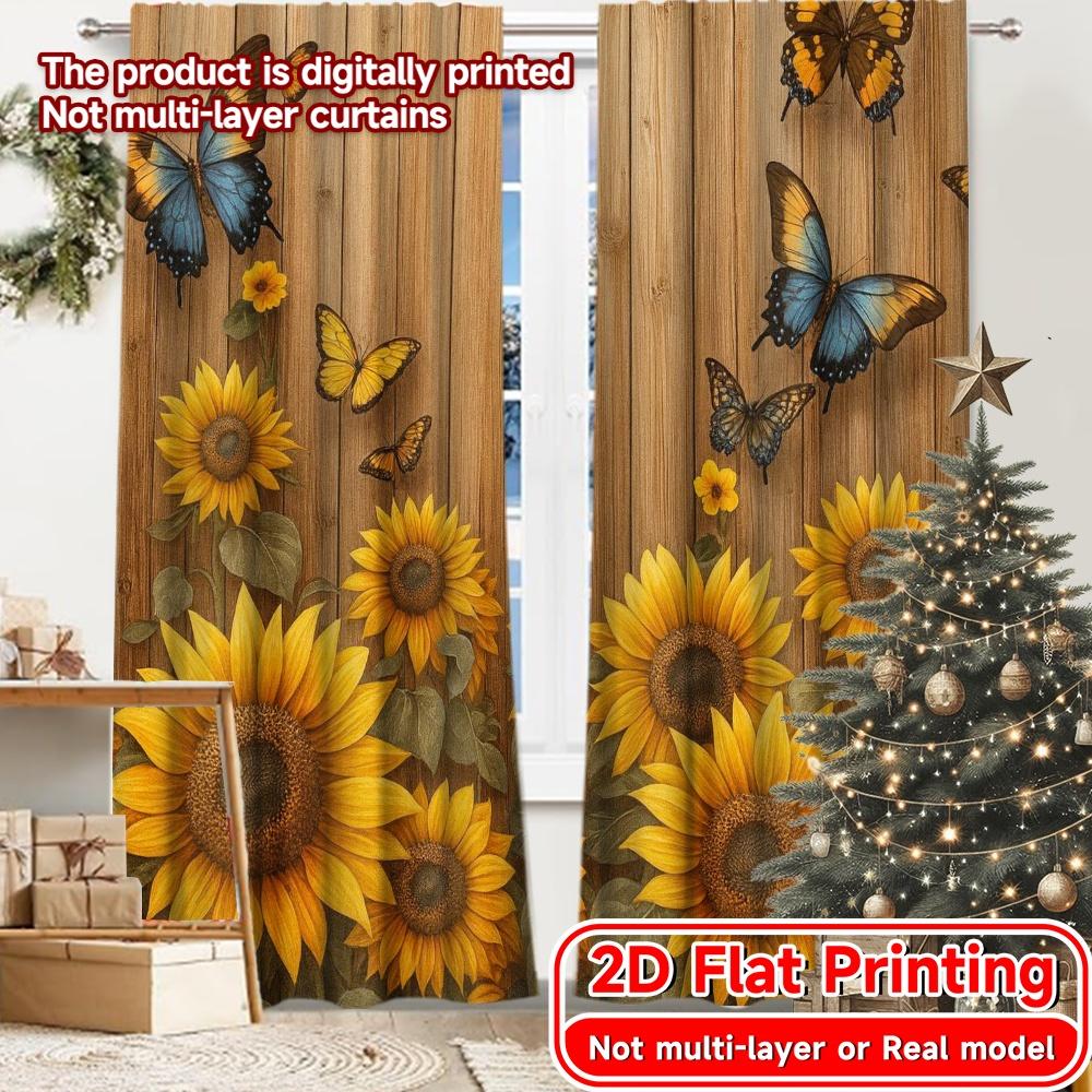 

2D Flat Printing 2pcs Butterfly Sunflowers Print Chic Curtains Prints Light Filtering Curtains Home Decor Use for Bedroom 100*130 HOOK 1pcs