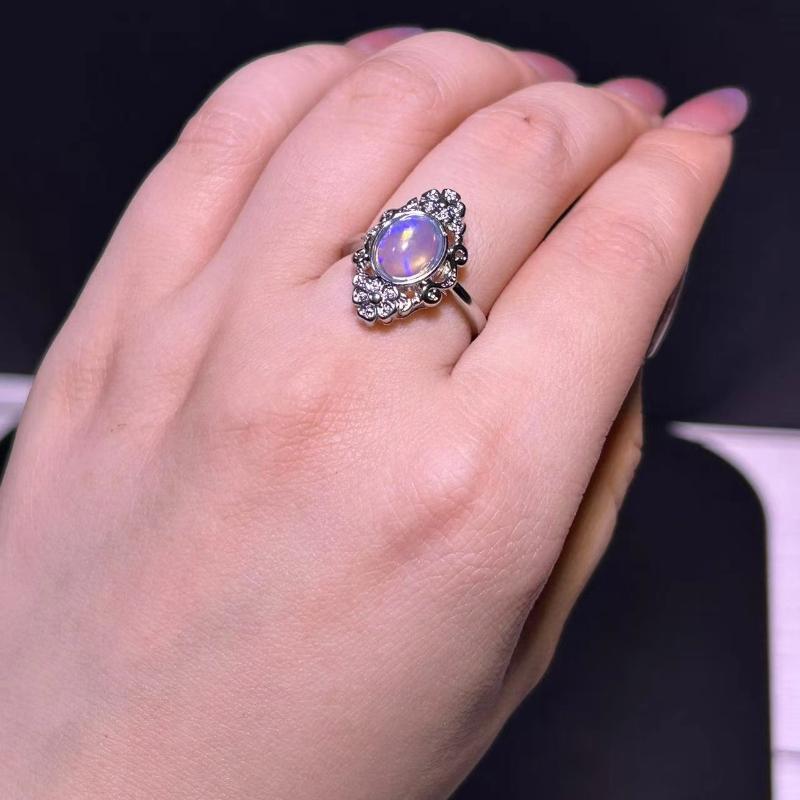 Rainbow Natural Opal Hand-Inlaid Adjustable Embossed Picture Frame Natural Opal Ring