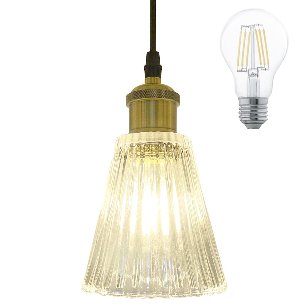 Pendant Scandinavian Retro with LED E26 for Ceiling Striped LED Interior Lighting Glass Dining Living Cafe Ceiling Warm White LED Bulb Light, Glass,