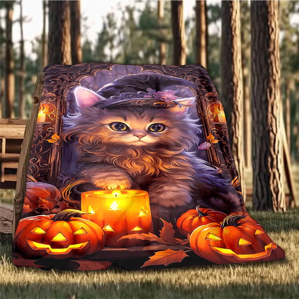 1pc Witch Hat Kitty Art Throw Blanket Polyester Fiber, Lightweight Flannel, Soft & Warm, All Season Use for Outdoor, Camping Digital Print