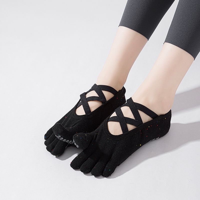 

Носки для йоги с перекрестными ремешками, нескользящие, однотонные, хлопковые, профессиональные женские носки для пилатеса с открытой пяткой и пальцами, спортивные носки для йоги с раздельными пальцами Black 1 pair