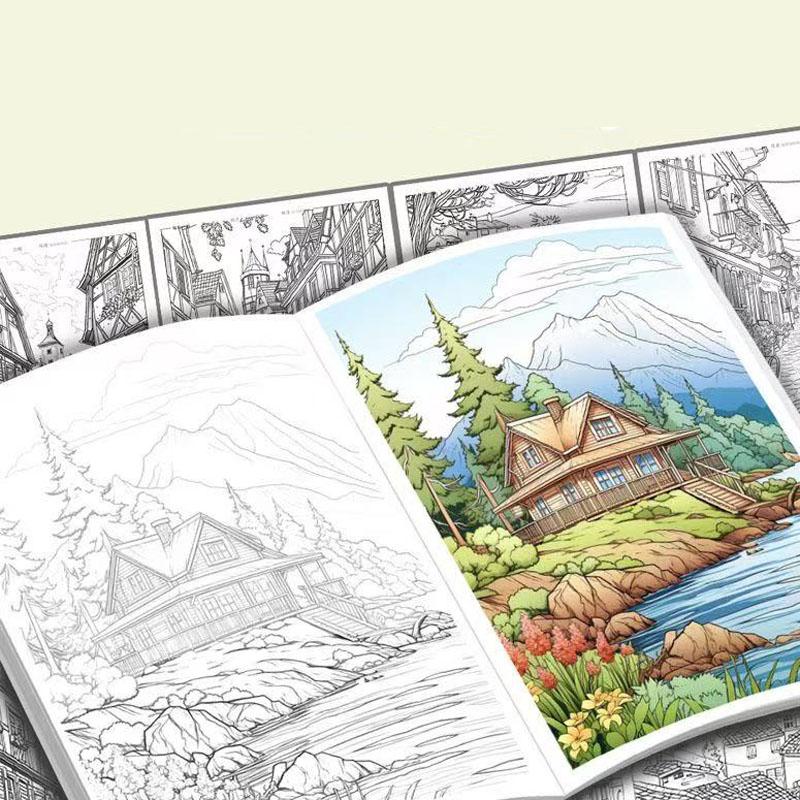 Artistic Drawing Practice Book - Landscape Tracing & Pen Control Coloring Books Adults Stress-Relief Pencil Sketch Album Art