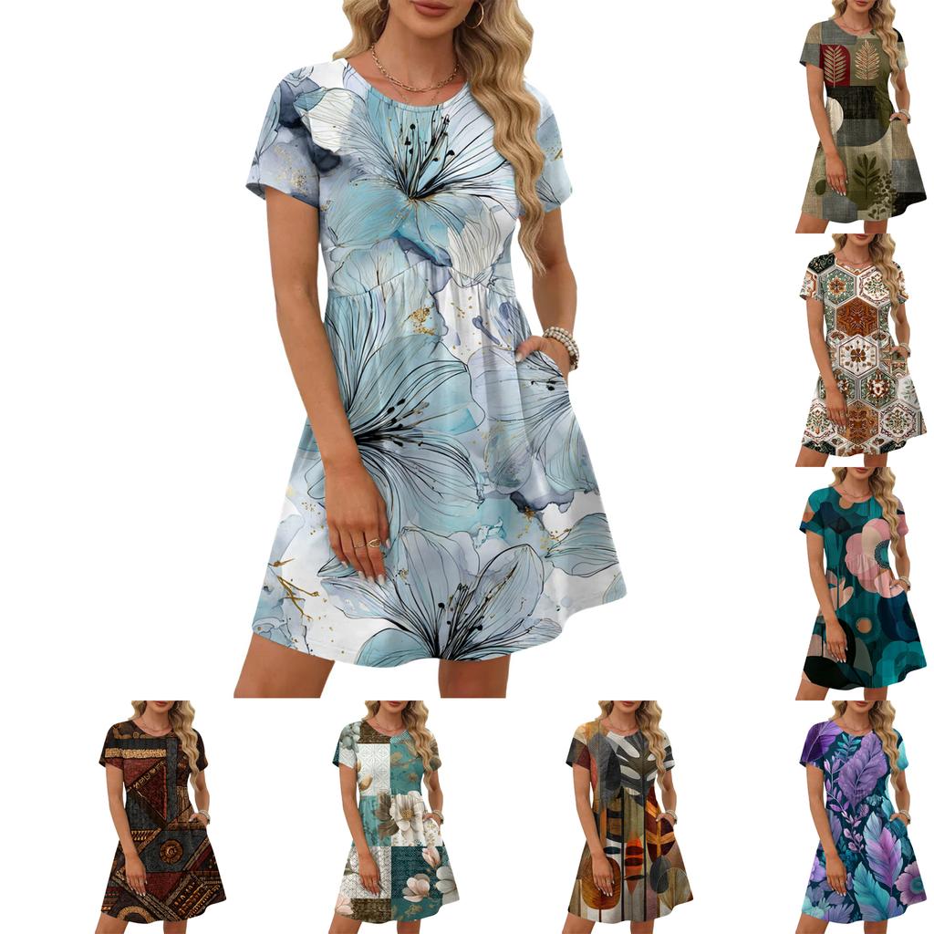 Women's Short-sleeved Retro Floral Print Round Neck Casual Waist Belted Pocket Dress