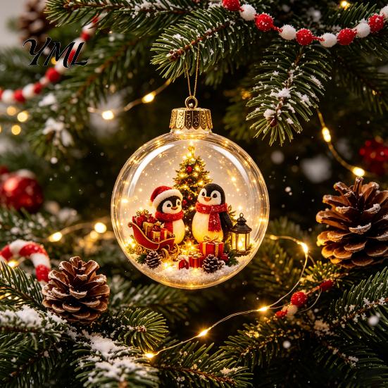 Decorative Holiday Lighted Scenes Glowing Christmas Story Ornament, Light-Up Ball with Warm LED Light, Mini Acrylic Festive Tree Baubles Scene