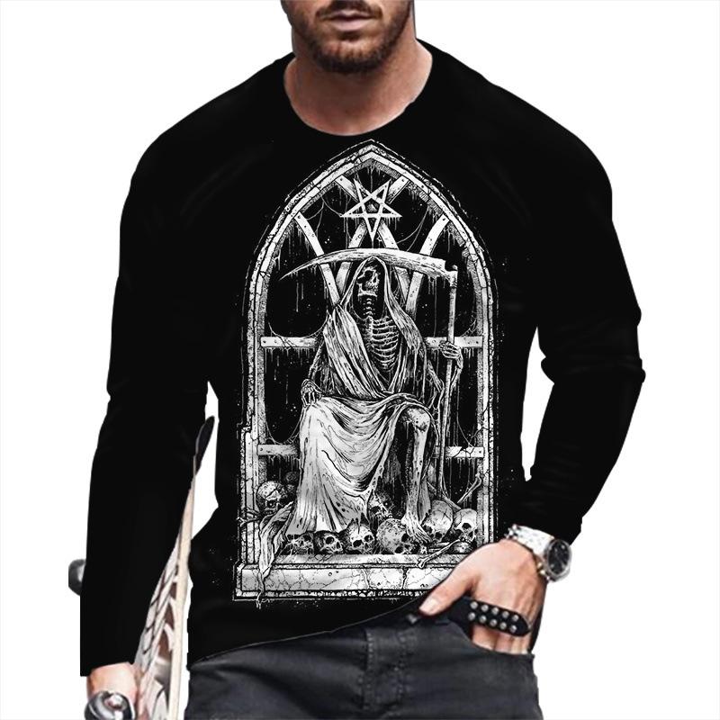 Autumn Winter Men's Christmas Pullover Long Sleeve Top Loose Fit Spring Skeleton Youth Men Round Neck Casual T-shirt