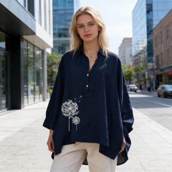 Women Shirt Lapel Buttons Half Placket Batwing Long Sleeve Shirt Tops Loose Fit A-Line Dandelion Print Casual