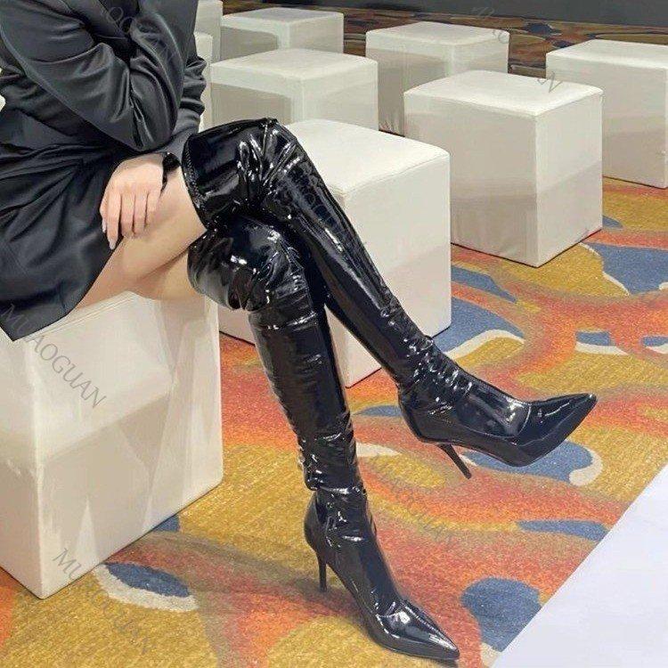 Fashion Sexy Black Over The Knee Boots Ladies High Heels Bright Leather Pointed Side Zipper Shoes Women Large Size Stiletto High Botas