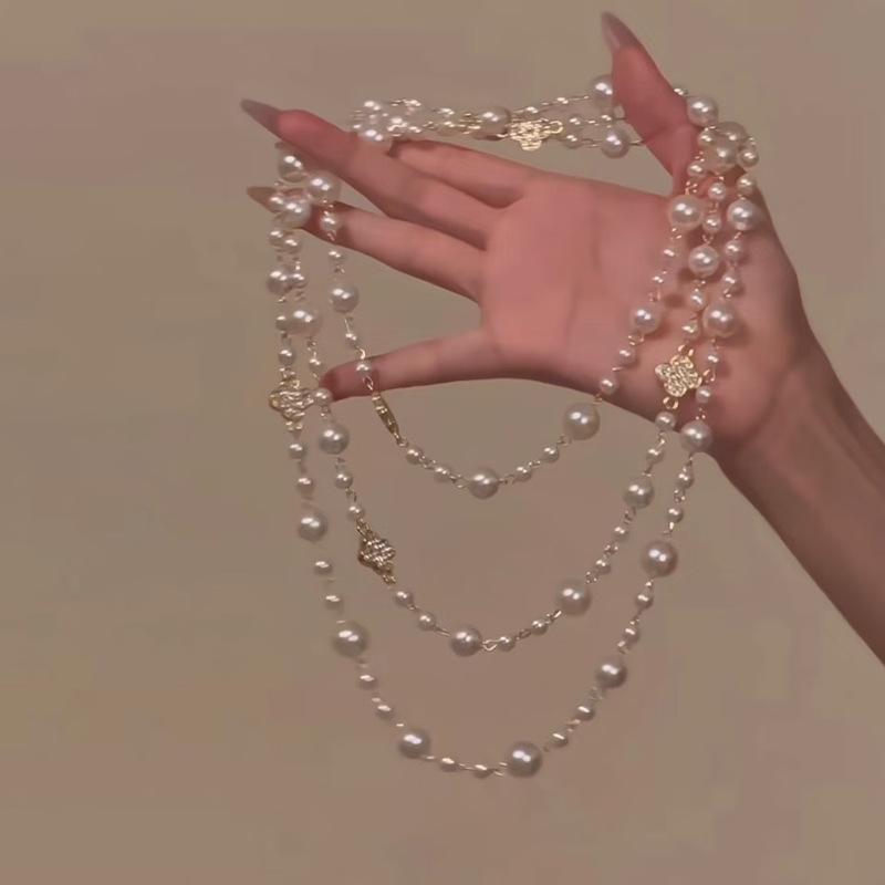 Baroque Diamond Flower Layer Pearl Beaded Necklace French Elegant Temperament Sweater Chain Neck Chain Women