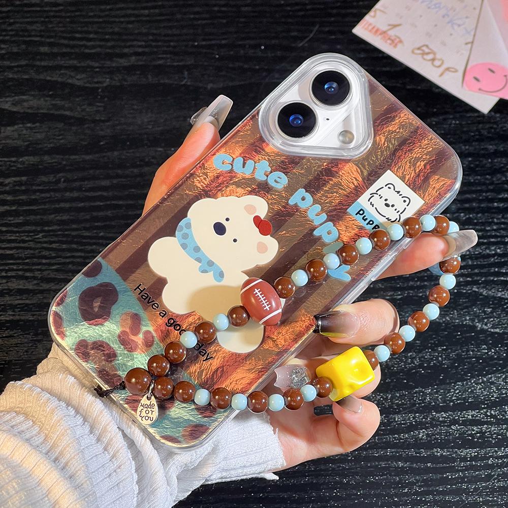 Bracelet Chain Painted Phone Case For iPhone 16 11 12 13 14 for 12 14 16 Pro 14 16 Pro Max Cute Pattern Hard Cover With Lanyard