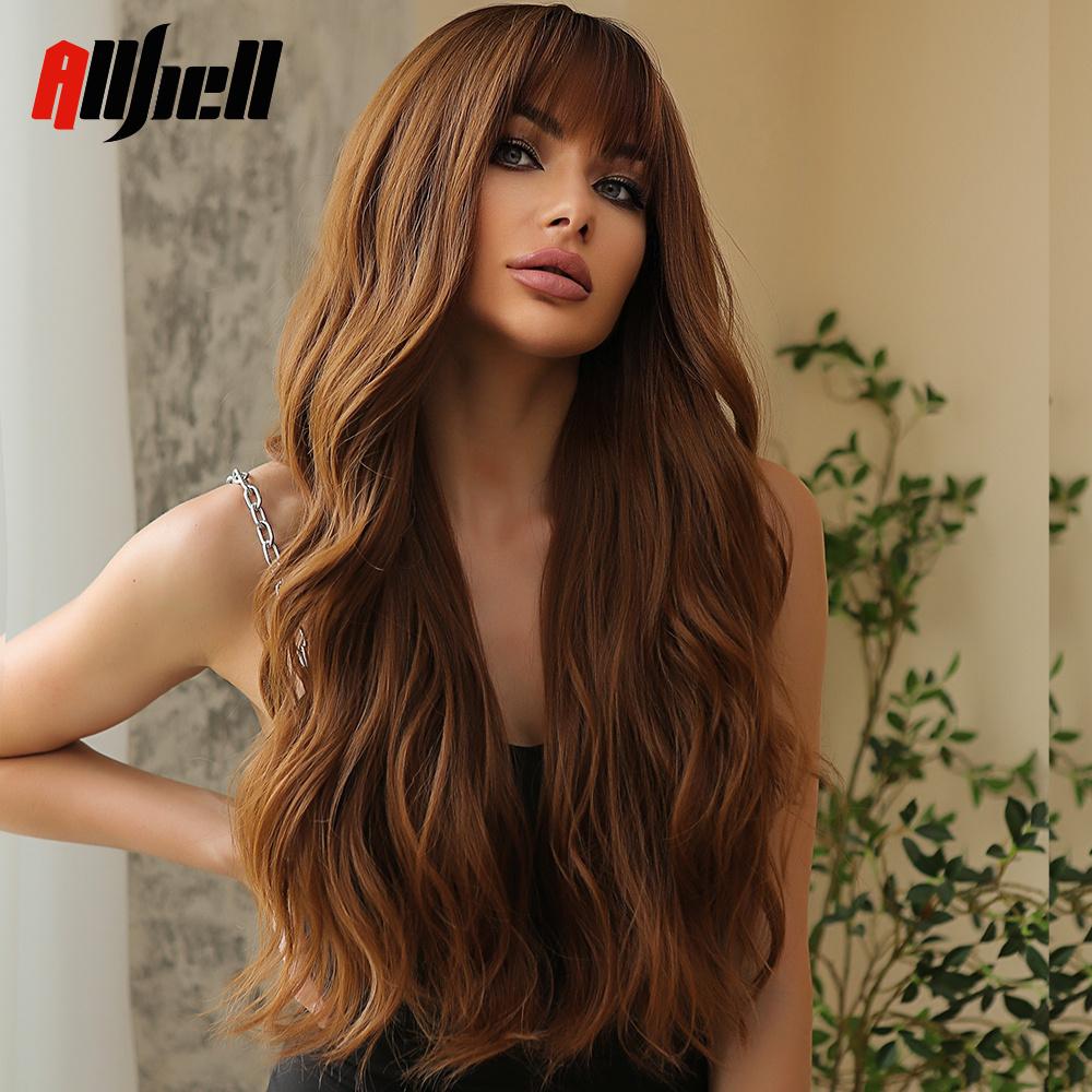 Lange gewellte braune Ombre-Synthetik-Perücken, natürliches Haar, gewellte Damen-Perücken mit Pony, hitzebeständig, tägliche Verwendung, Cosaply für schwarze Frauen