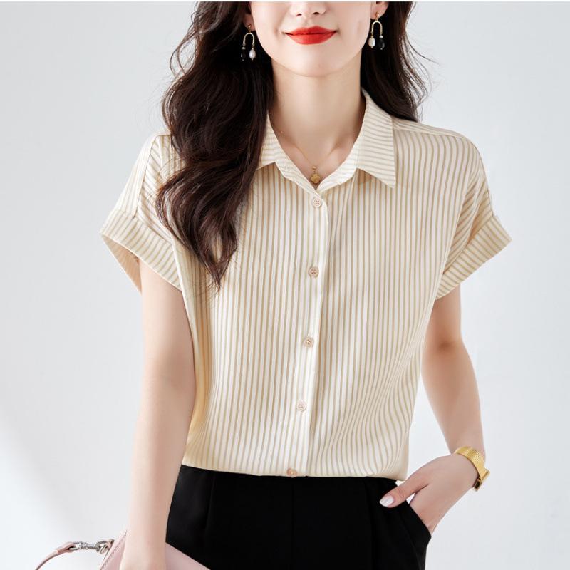 

Women s Collar Short-sleeved Striped Chiffon Shirt Women s Summer Fashion Western Style Shirt Loose Belly Top 3XL