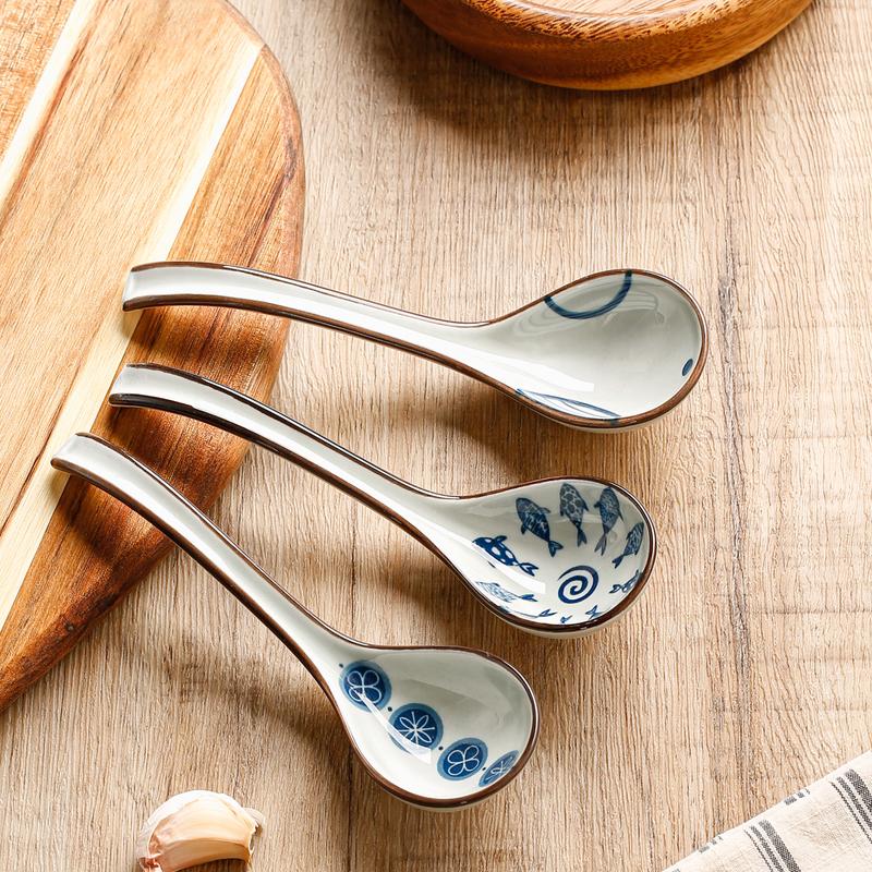 6Pcs Soup Spoon Ceramic Household Kitchen Environmental Protection Cutlery Set Retro Printing Design Ceramic Soup Spoon Set