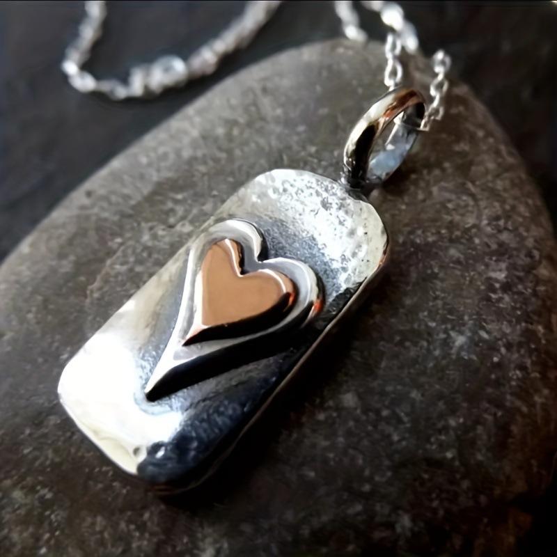

Vintage Hammered Silver & Rose Gold Layered Love Heart Dog Tag Pendant O Chain Necklace For Women 1pcs серый