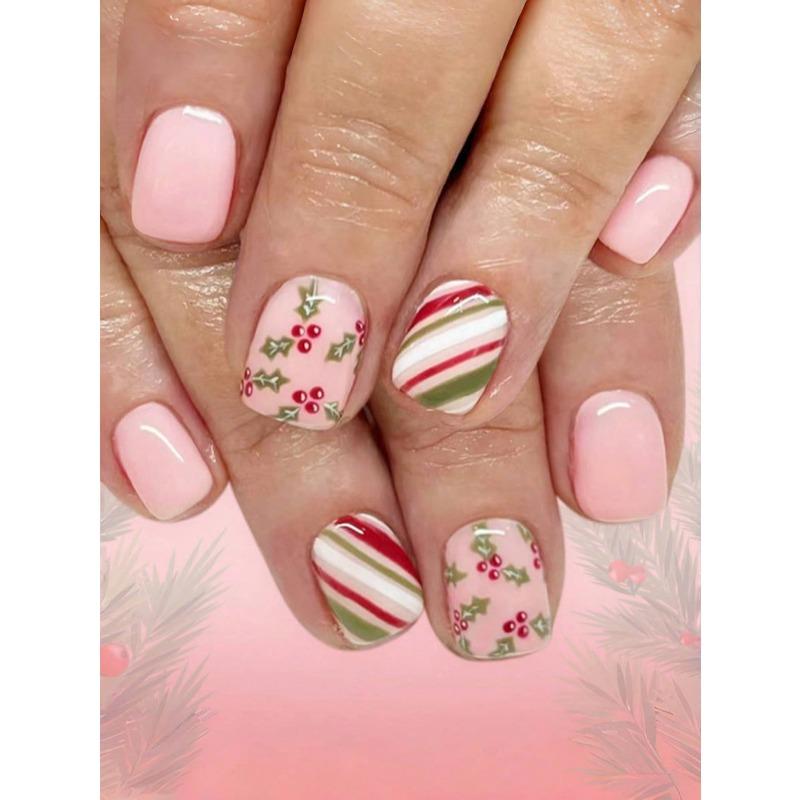 Short European Style Fake Nails, Christmas Wearable Nails Santa Claus Gingerbread Man Christmas Tree Snowflake Glitter Short Glossy Square Nails, Full розовый