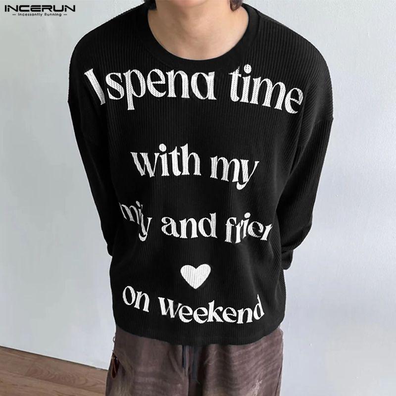 INCERUN Men Round Neck Long Sleeve Letter Print Casual Loose T-shirts Tops