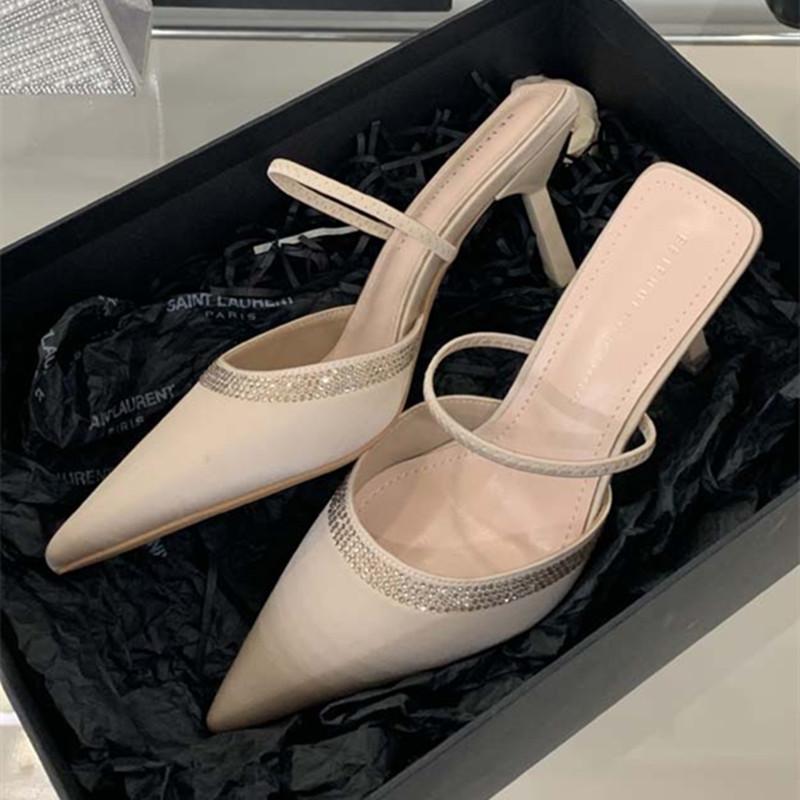 Fashion Luxury Satin Rhinestone Decorated Slide Heeled Sandal Women Sexy Pointed Toe Back Strap High Heels Summer Elegant Women Slippers