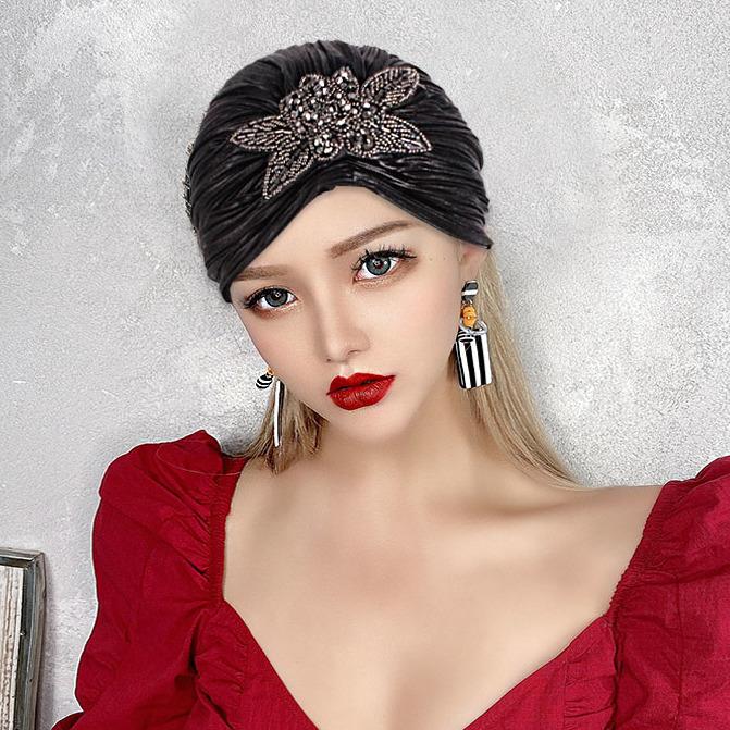 Fashionable Diamond Studded Flower Decorated Hat with Western Style Women's Handbag Headscarf Hair Cover Headband Fashion Hat