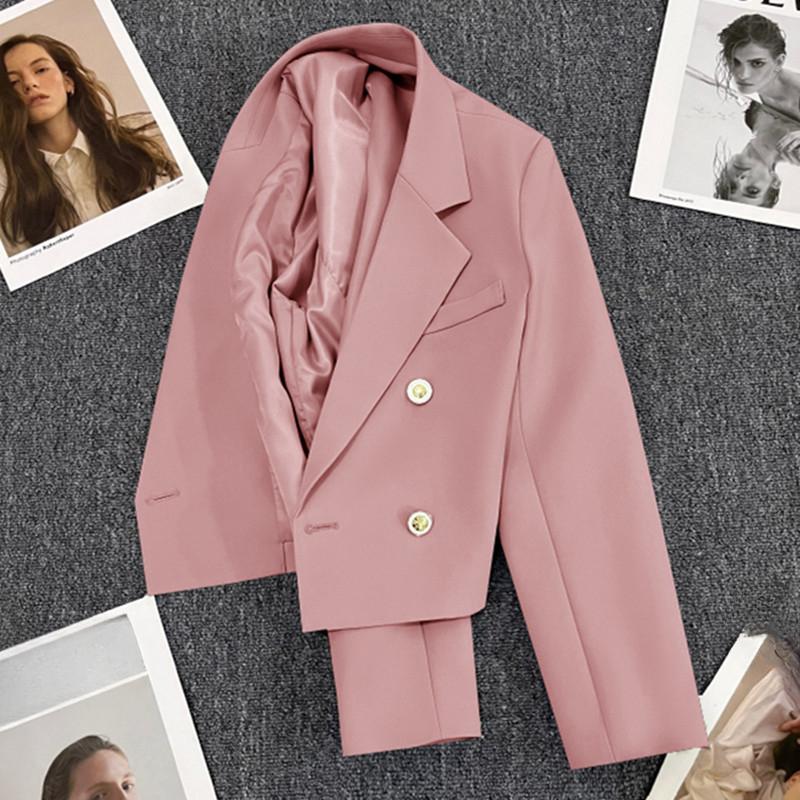 Spring Women Breasted Office Cropped Blazer Lapel Solid Color Long Sleeve Double Jacket Suit Coat