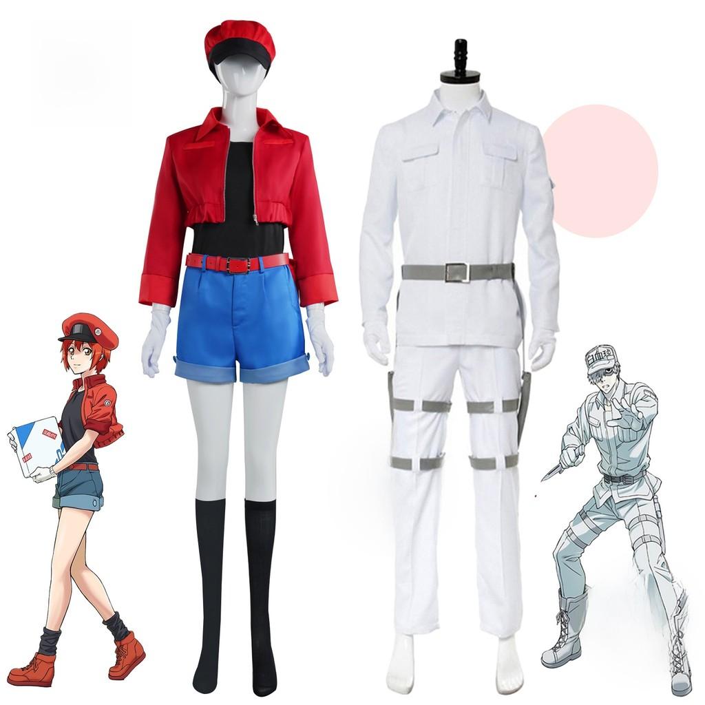 Sada kostýmů pro cosplay červených a bílých krvinek z Cells At Work z polyesterové látky pro fanoušky anime a cosplayerů