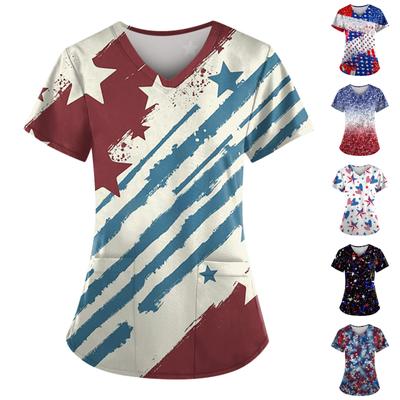 Women's Fashion V-neck Short Sleeve Workwear With Pockets  Printed Tops