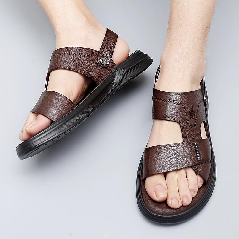 Men's Summer New Men's Sandals Men's Leather Beach Shoes Casual Men's Shoes Fashion Slippers Stripe Sandals Rubber Mens Shoes