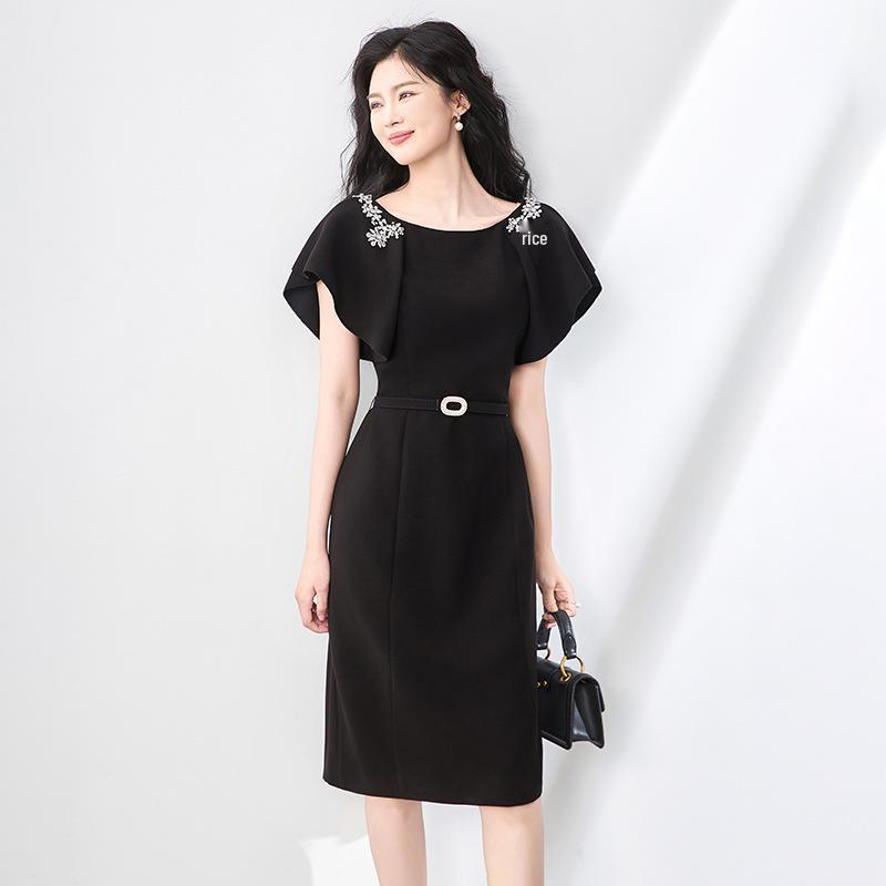 

High-End Round Neck Studded Ruffle Sleeve Waist-Cinching Dress for Women - Summer Fashion Small чорний