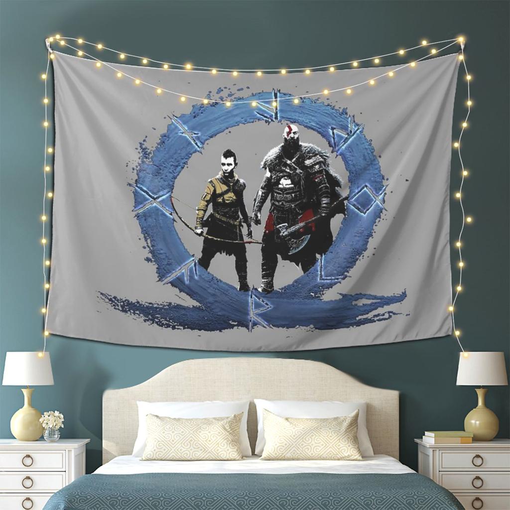 Men God Of War Kratos Game Tapestry Wall Hanging Aesthetic Home Decoration Tapestries for Living Room Bedroom