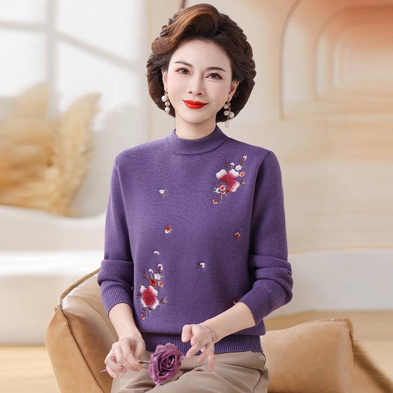 Fleece-Lined Knitted Sweater: Warm Winter Base Layer for Middle-Aged and Elderly Women