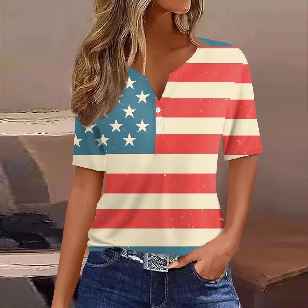 Women's T Shirt Tee Print Button Short Sleeve Daily Weekend Fashion Basic V- Neck Regular Top