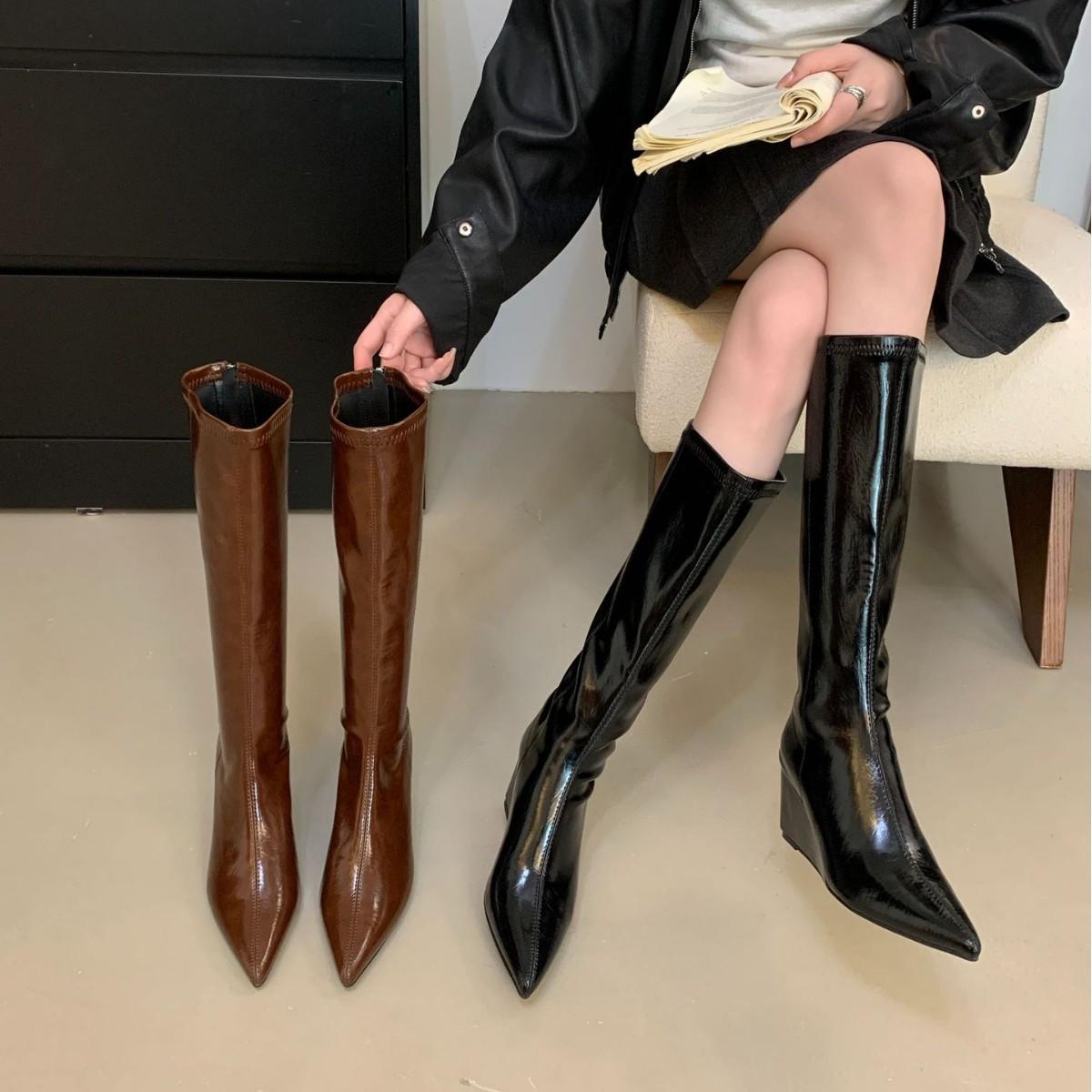 

Wedge heel French pointed but knee boots women s boots autumn and winter 2025 new high knight boots 40 коричневый