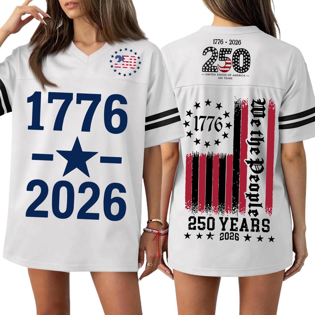 Women V Neck Casual Loose Fit Sports Jersey Top with 250th Anniversary Print Short Sleeve Independence Day Shirt