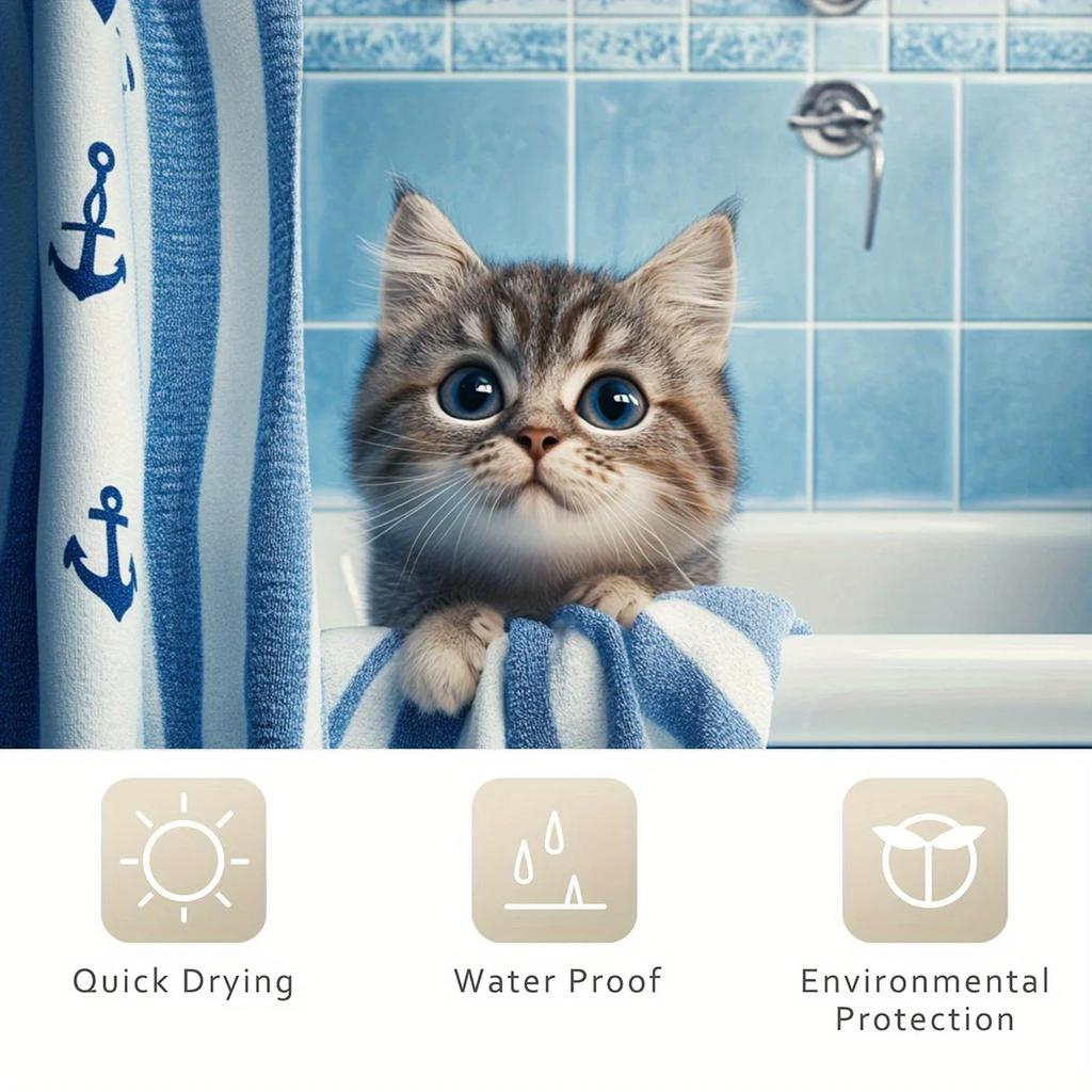 Adorable Kitten in Nautical Shower Curtain - Blue & White Anchor Design for Cozy Bathroom Décor, Waterproof & Easy Care